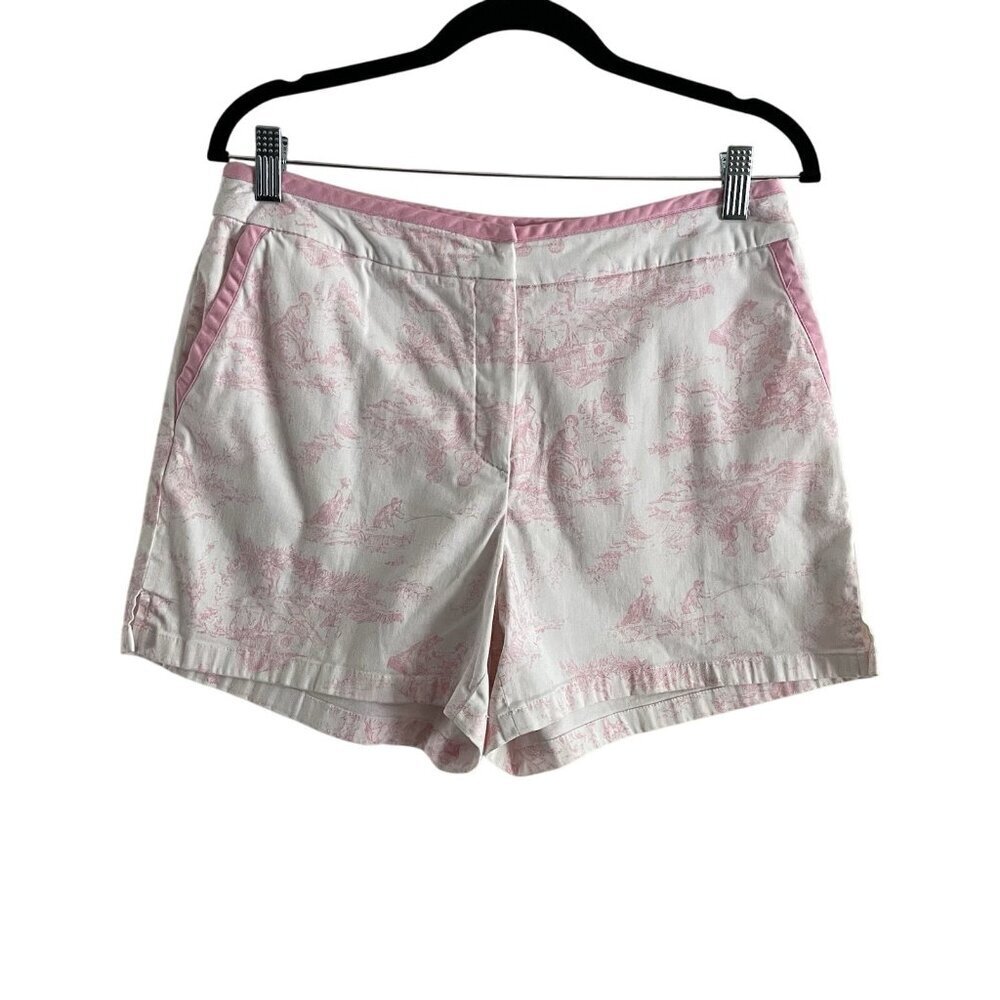 Herman Geist Vinage Women Sz 12 White/Pink Toile De Jouy Pattern Pocketed Shorts